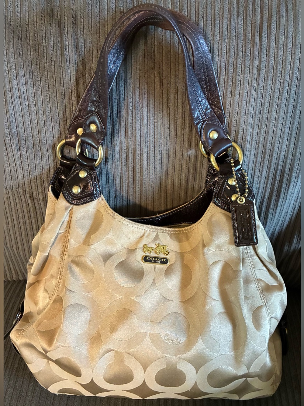 Coach Madison Op Art Bag Purse Tan Brown Jackard Signature Purse